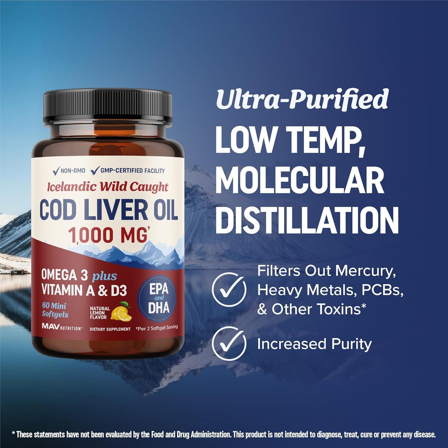 image:imageCod Liver Oil Softgels 1000MG Omega 3 Vitamin A amp D3 Wild Caught Cod Liver Oil Icelandic Sourced amp Molecularly Distilled EPA DHA Omega 3 Supplement for Bone amp Immune Health 60 Ct