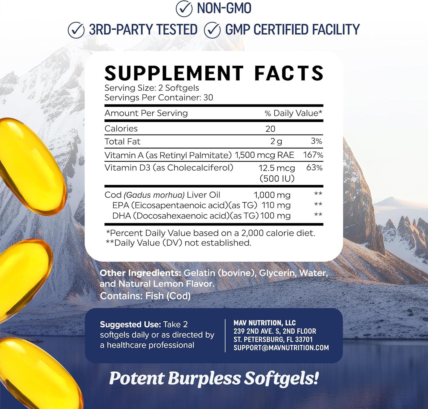 image:imageCod Liver Oil Softgels 1000MG Omega 3 Vitamin A amp D3 Wild Caught Cod Liver Oil Icelandic Sourced amp Molecularly Distilled EPA DHA Omega 3 Supplement for Bone amp Immune Health 60 Ct