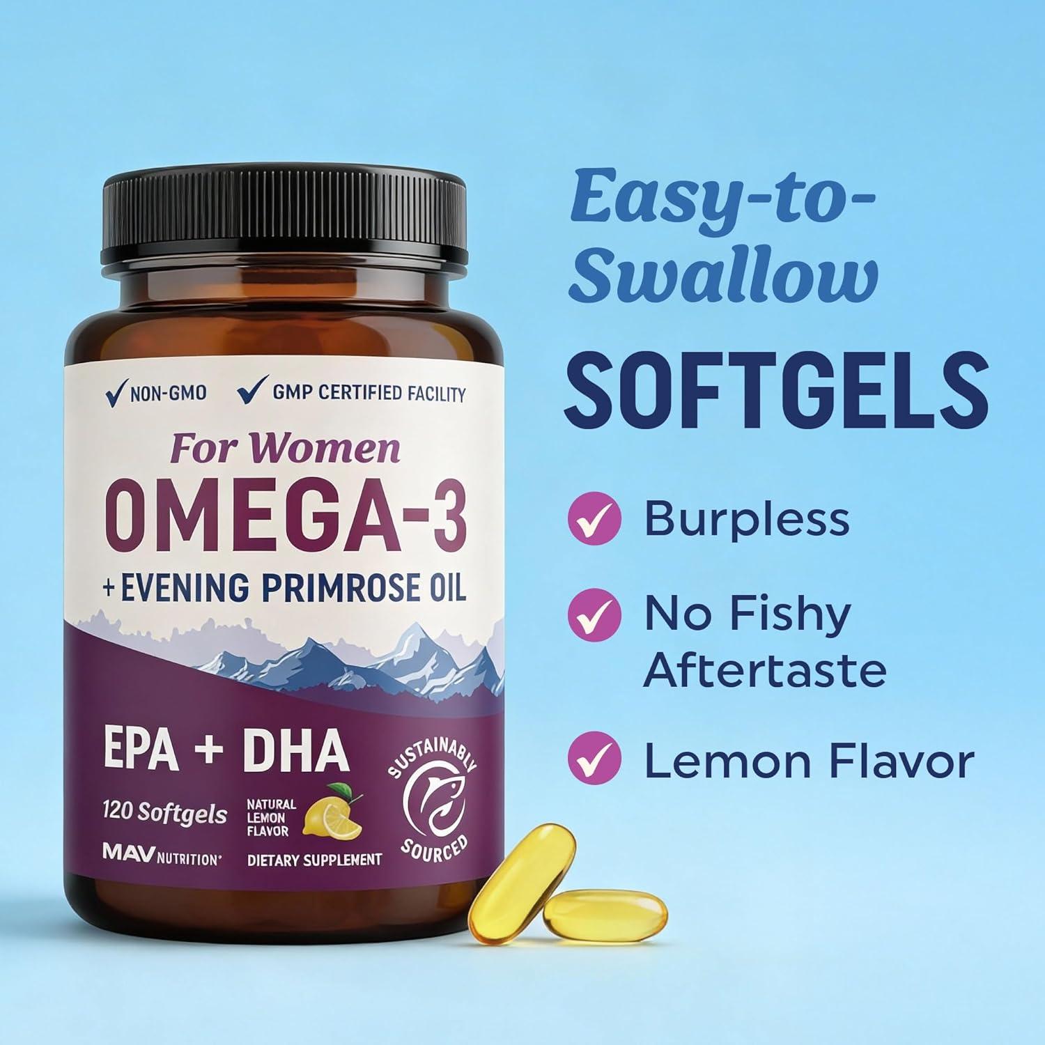 image:imageFish Oil Omega 3 Supplements for Women DHA EPA Heart Health Hormone Balance Skin amp Wellness Support 600MG Omega3 800MG Evening Primrose Oil Omega 3 Supplement for Women 120 Ct
