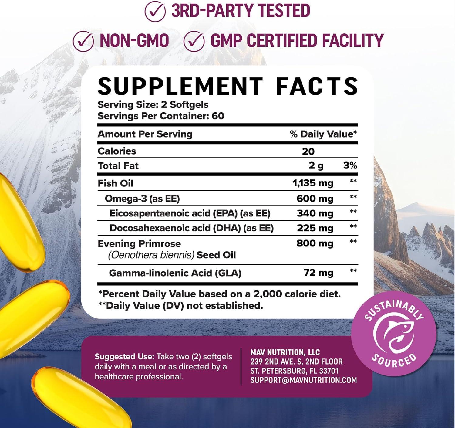 image:imageFish Oil Omega 3 Supplements for Women DHA EPA Heart Health Hormone Balance Skin amp Wellness Support 600MG Omega3 800MG Evening Primrose Oil Omega 3 Supplement for Women 120 Ct
