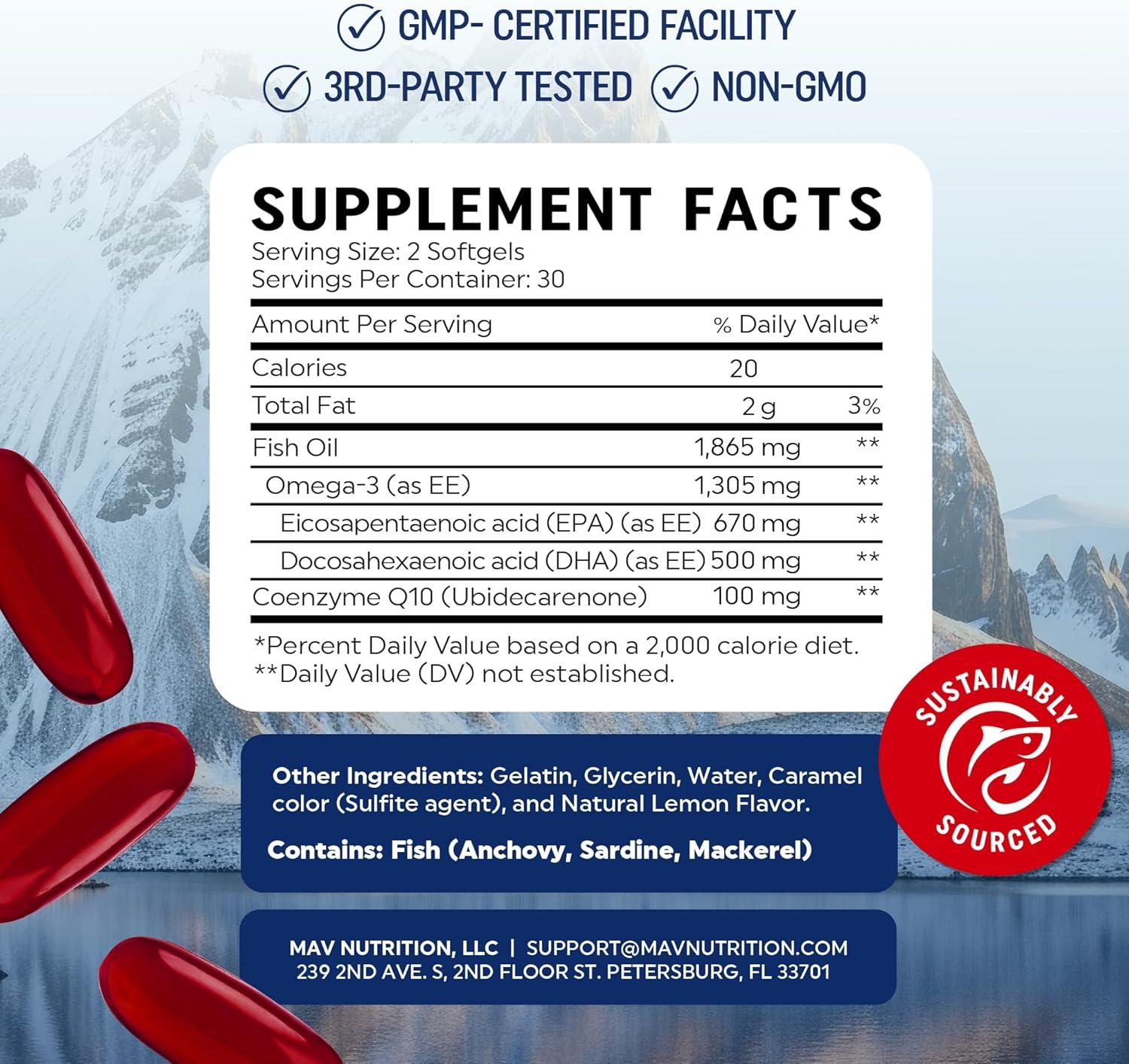 image:imageOmega 3 Fish Oil Co Q10 1305MG Omega3 with CoQ10 100MG for Heart Health Cellular Energy and Antioxidant Support Co Q 10 Omega3 Coenzyme Q10 Fish Oil Supplements NonGMO 60 Ct