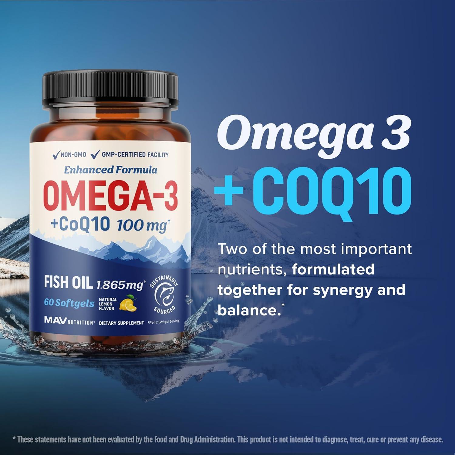 image:imageOmega 3 Fish Oil Co Q10 1305MG Omega3 with CoQ10 100MG for Heart Health Cellular Energy and Antioxidant Support Co Q 10 Omega3 Coenzyme Q10 Fish Oil Supplements NonGMO 60 Ct