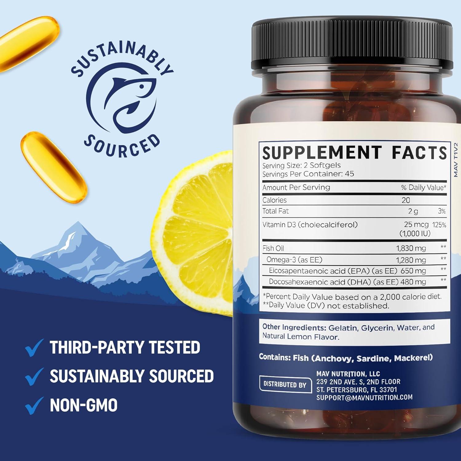 image:imageOmega 3 Fish Oil with Vitamin D3 1280MG Omega3 1000IU VIT D3 for Heart Immune amp Bone Health Support EPA DHA Omega 3 Supplement Sustainably Sourced NonGMO Fish Oil Vitamin D 90 Softgels