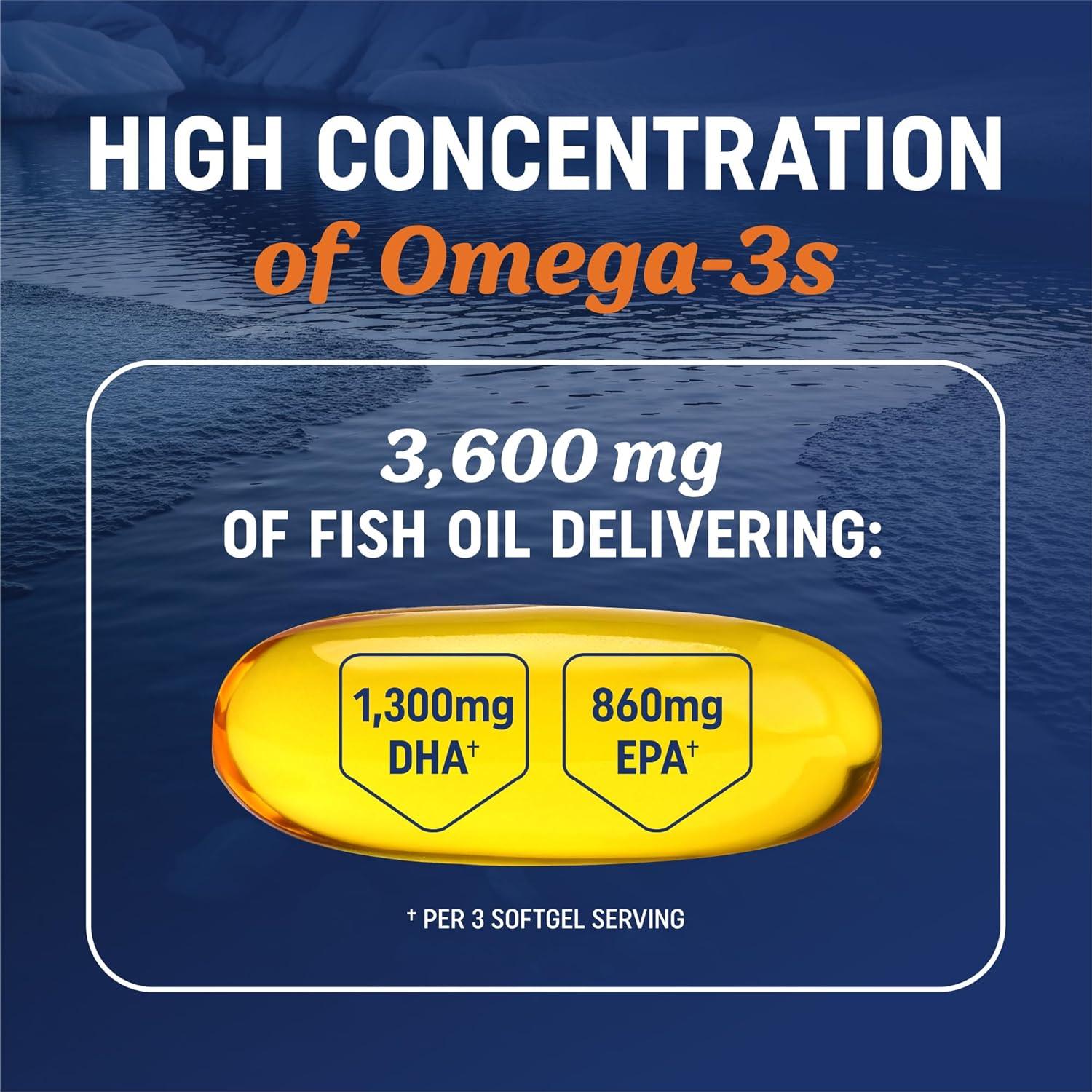 image:imageTriple Strength Omega 3 Fish Oil 3600 mg EPA amp DHA Over 2100mg Omega3 Fatty Acids 1300mg EPA 860mg DHA Best Essential Fatty Acids Premium Wild Caught amp Burpless Fish Oil 180 Ct180 Count Pack of 1