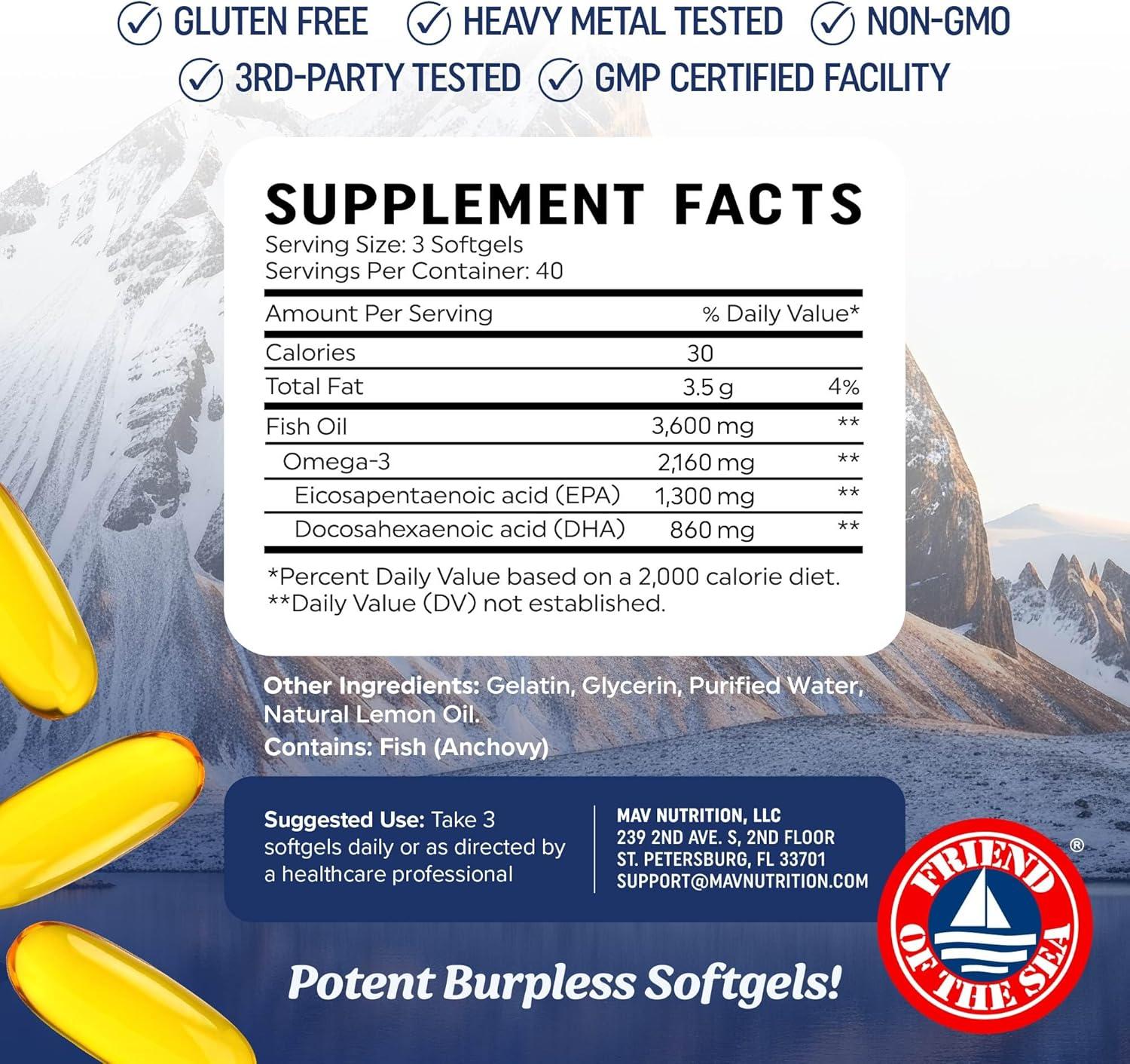 image:imageTriple Strength Omega 3 Fish Oil 3600 mg EPA amp DHA Over 2100mg Omega3 Fatty Acids 1300mg EPA 860mg DHA Best Essential Fatty Acids Premium Wild Caught amp Burpless Fish Oil 180 Ct120 Count Pack of 1
