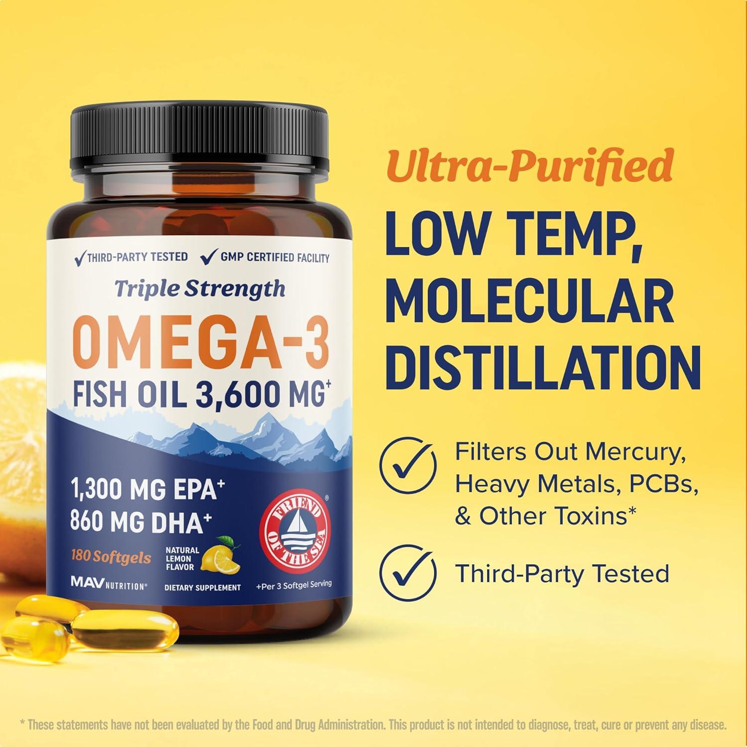 image:imageTriple Strength Omega 3 Fish Oil 3600 mg EPA amp DHA Over 2100mg Omega3 Fatty Acids 1300mg EPA 860mg DHA Best Essential Fatty Acids Premium Wild Caught amp Burpless Fish Oil 180 Ct180 Count Pack of 1
