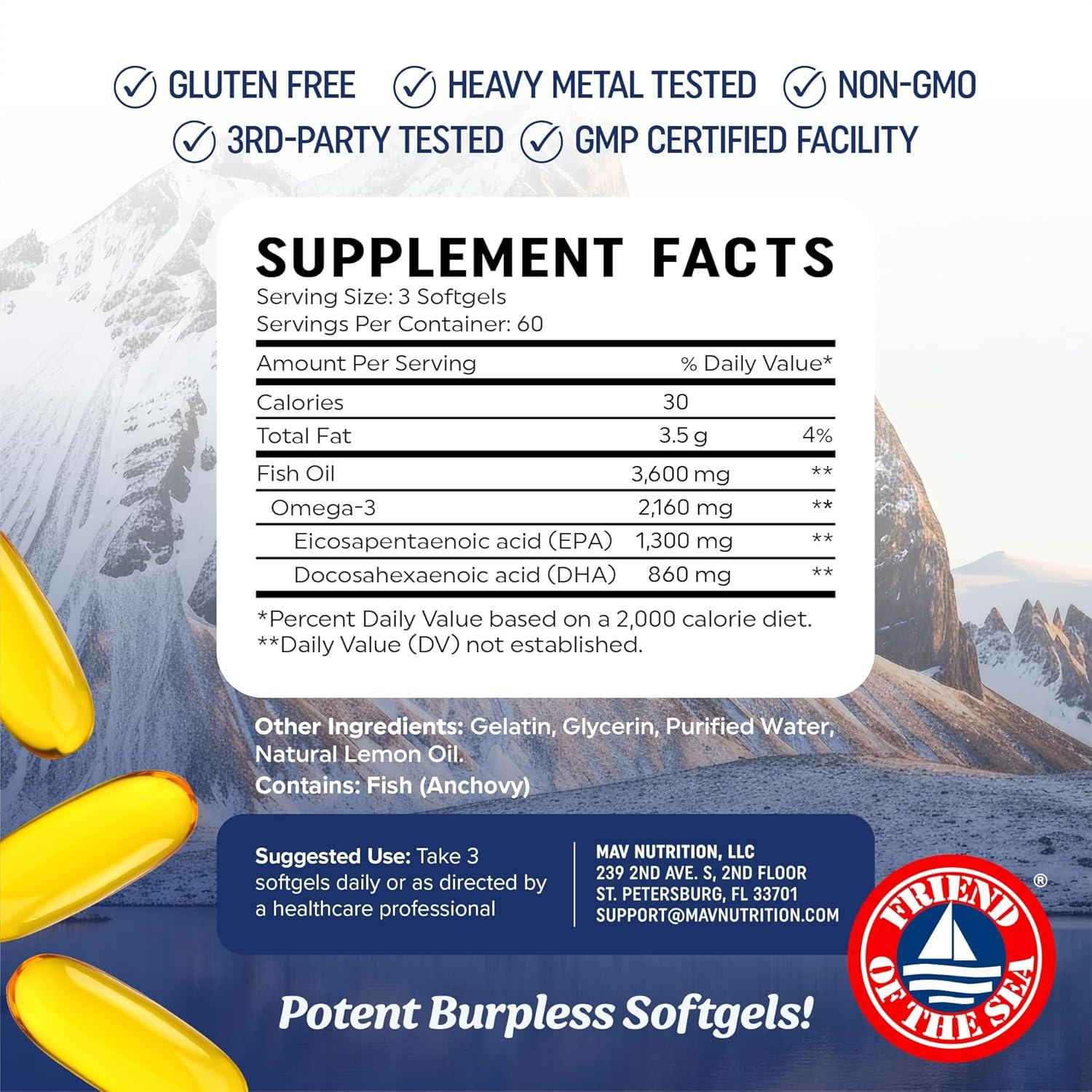 image:imageTriple Strength Omega 3 Fish Oil 3600 mg EPA amp DHA Over 2100mg Omega3 Fatty Acids 1300mg EPA 860mg DHA Best Essential Fatty Acids Premium Wild Caught amp Burpless Fish Oil 180 Ct180 Count Pack of 1