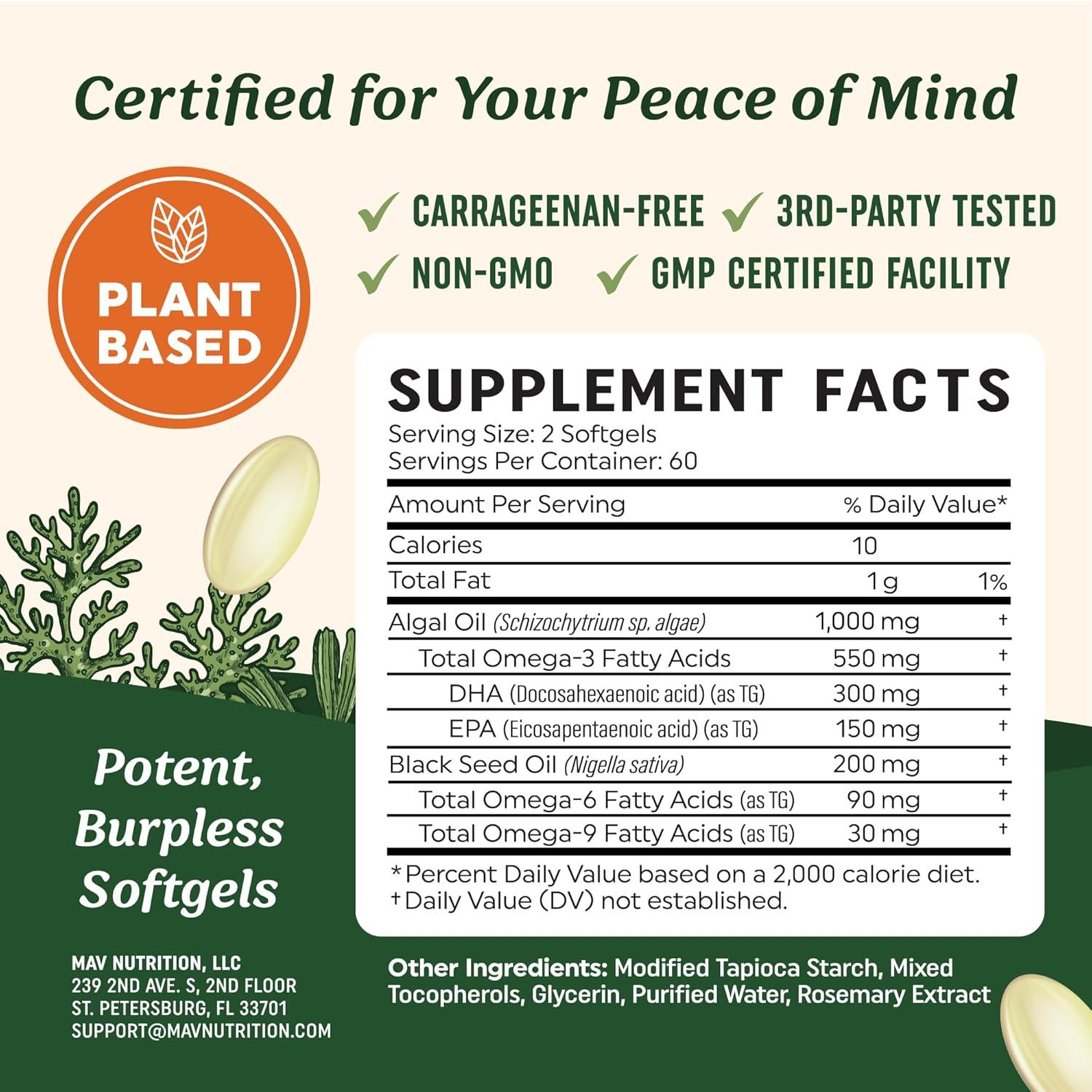 image:imageVegan Omega 3 6 9 Algae Oil Plant Based DHA EPA Sustainably Sourced No Carrageenan Heart Brain amp Eye Health Support Fish Oil Alternative Omega 3 Fatty Acid Supplements 120 Softgels120 Count Pack of 1