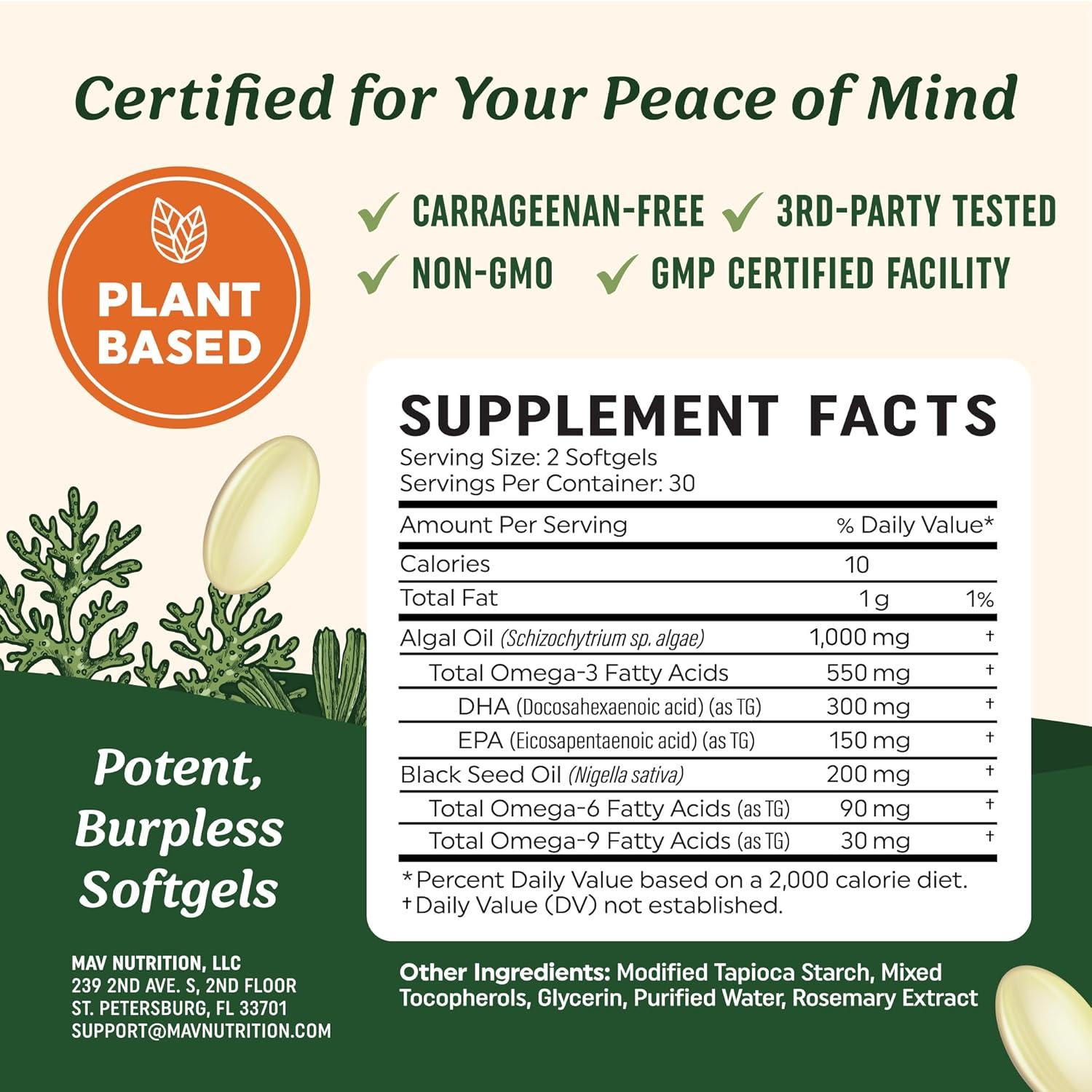 image:imageVegan Omega 3 6 9 Algae Oil Plant Based DHA EPA Sustainably Sourced No Carrageenan Heart Brain amp Eye Health Support Fish Oil Alternative Omega 3 Fatty Acid Supplements 120 Softgels60 Count Pack of 1