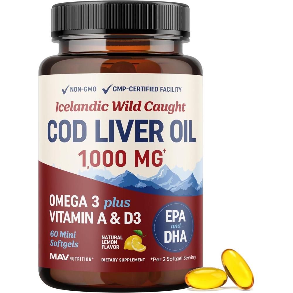 image:imageCod Liver Oil Softgels 1000MG Omega 3 Vitamin A amp D3 Wild Caught Cod Liver Oil Icelandic Sourced amp Molecularly Distilled EPA DHA Omega 3 Supplement for Bone amp Immune Health 60 Ct