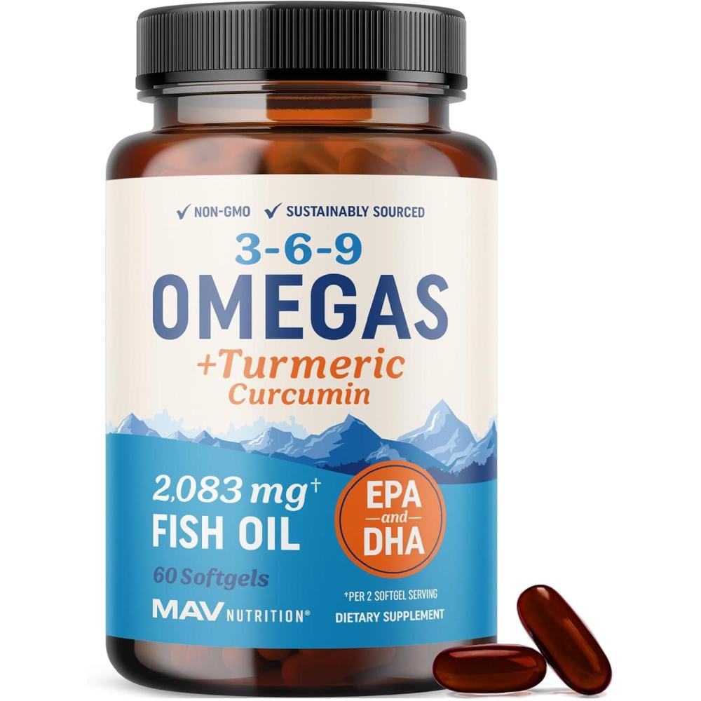 image:imageOmega 3 6 9 Turmeric Curcumin Supplement EPA amp DHA Fish Oil Turmeric Curcuma Mobility Cognitive amp Heart Health Support Triple Omega with Curcumin Supplements NonGMO 60 Softgels