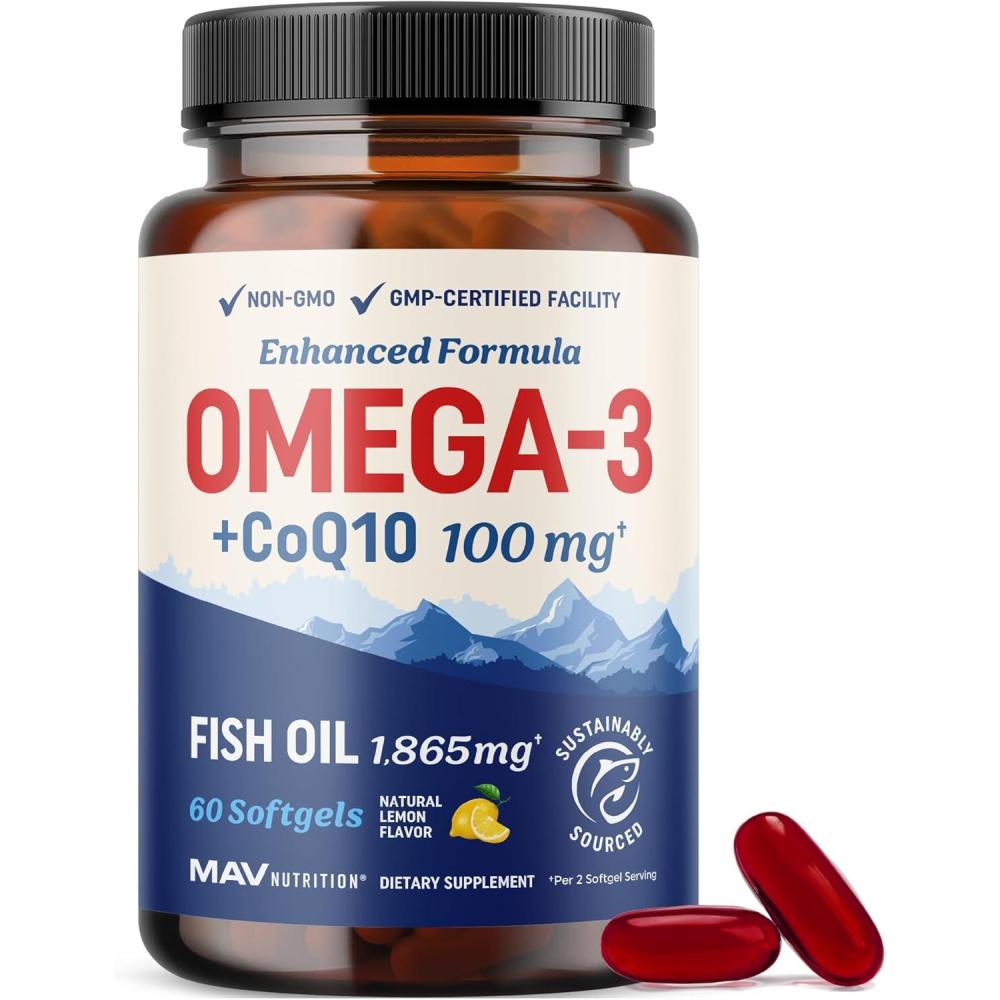 image:imageOmega 3 Fish Oil Co Q10 1305MG Omega3 with CoQ10 100MG for Heart Health Cellular Energy and Antioxidant Support Co Q 10 Omega3 Coenzyme Q10 Fish Oil Supplements NonGMO 60 Ct