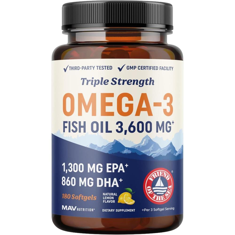 image:imageTriple Strength Omega 3 Fish Oil 3600 mg EPA amp DHA Over 2100mg Omega3 Fatty Acids 1300mg EPA 860mg DHA Best Essential Fatty Acids Premium Wild Caught amp Burpless Fish Oil 180 Ct180 Count Pack of 1