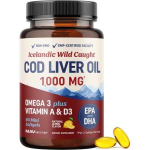 image:imageCod Liver Oil Softgels 1000MG  Omega 3  Vitamin A amp D3  Wild Caught Cod Liver Oil Icelandic Sourced amp Molecularly Distilled  EPA DHA Omega 3 Supplement for Bone amp Immune Health  60 Ct