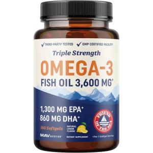image:imageTriple Strength Omega 3 Fish Oil 3600 mg  EPA amp DHA  Over 2100mg Omega3 Fatty Acids  1300mg EPA  860mg DHA  Best Essential Fatty Acids  Premium Wild Caught amp Burpless Fish Oil  180 Ct180 Count Pack of 1