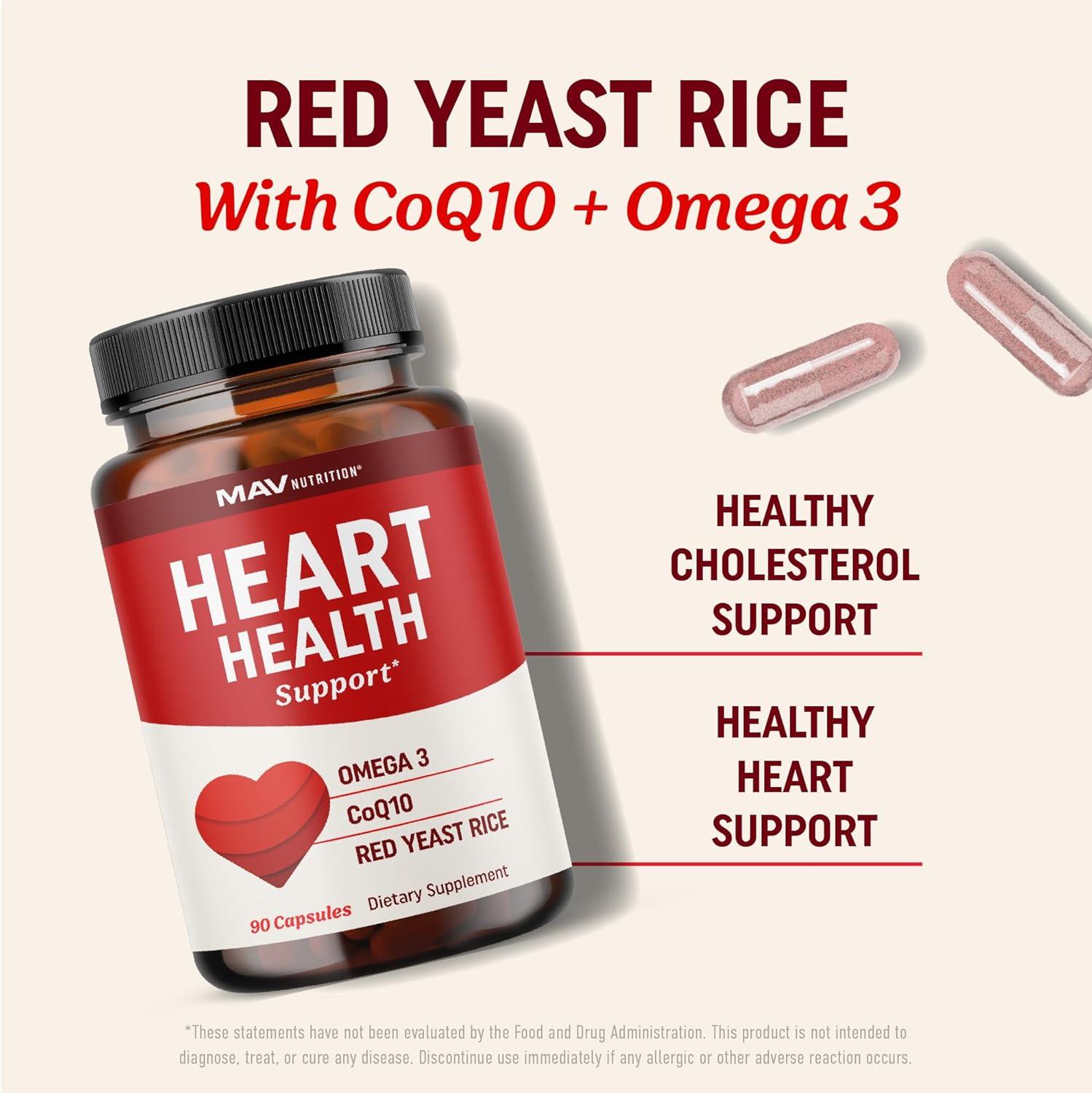 image:imageRed Yeast Rice with CoQ10 Omega 3 for Healthy Cholesterol Support 1200mg Heart Health Support Red Yeast Rice 1200 mg Capsules NonGMO GlutenFree Heart Health Supplements 90 Ct